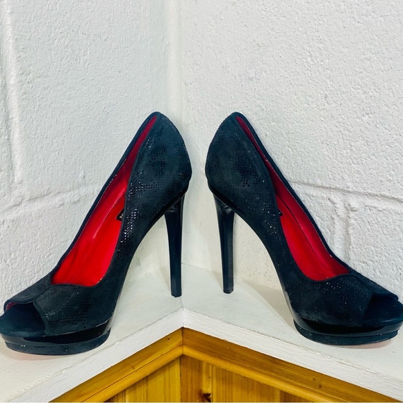 Charles Jourdan Black Leather Suede Open Toe Heels Size 8.5 - Picture 4 of 12